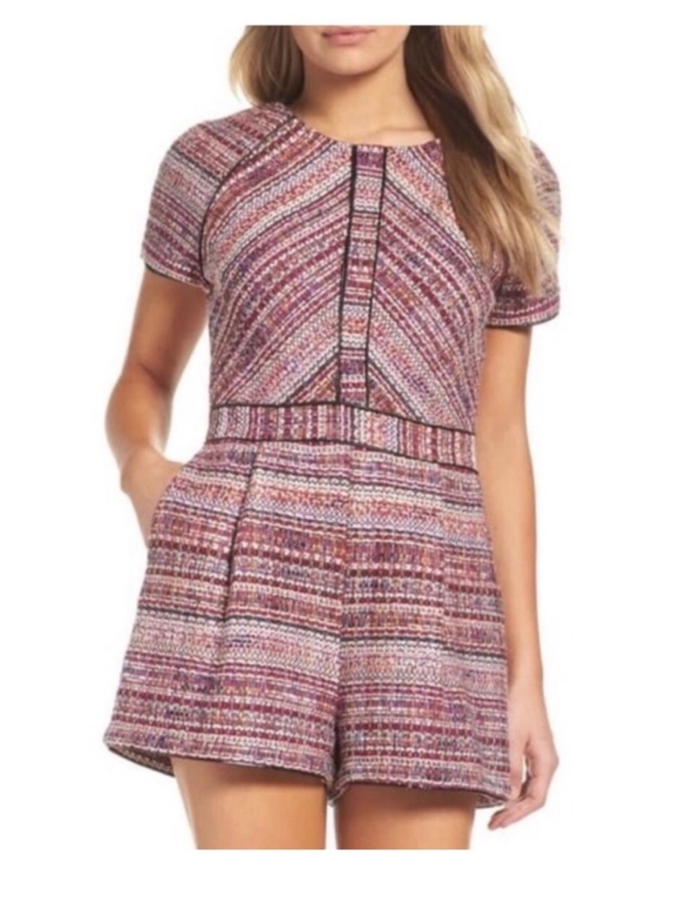 Adelyn Rae Pink Multi-Stripe Woven Jacquard Tweed mini shorts romper - Picture 3 of 10